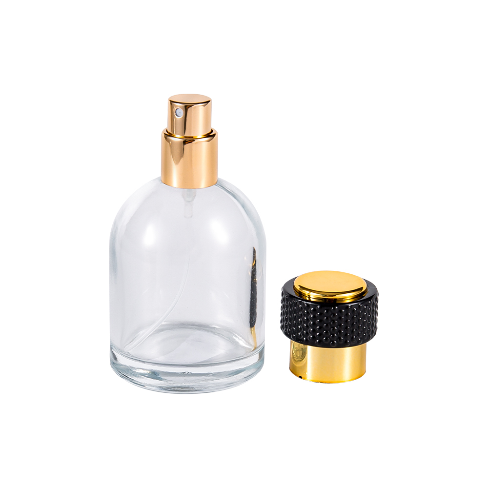 GC3986-WJ816 50 ml parfymflaska av klart glas med Uv-guld plastlock och svart del