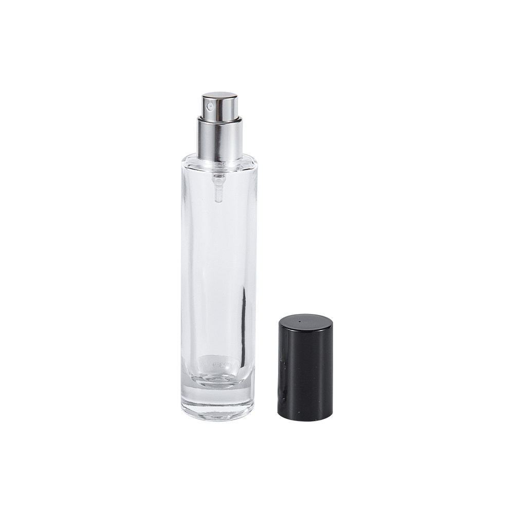 GC4423-WJ2369 30 ml parfymflaska av klart glas med blank svart PP cylindrisk lock