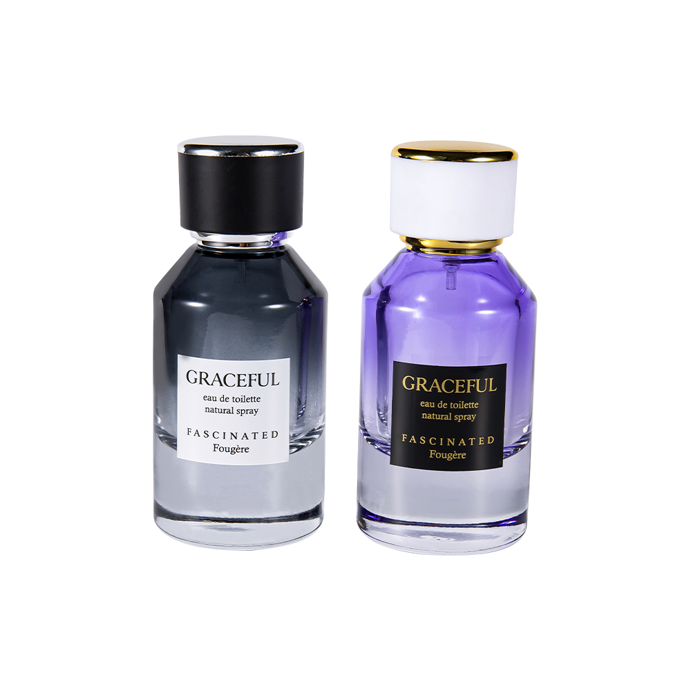 GC4416-WJ2098 50 ml belagd parfymflaska i glas med läder, ABS-plastlock, UV-säker PP-foder