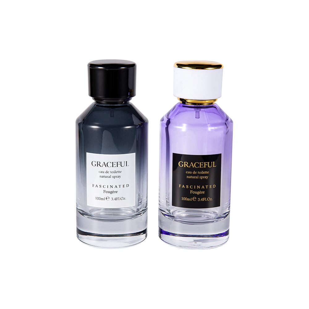 GC4418-WJ2098 100 ml färgbelagd parfymflaska i glas med läder ABS-plastlock och UV PP-foder