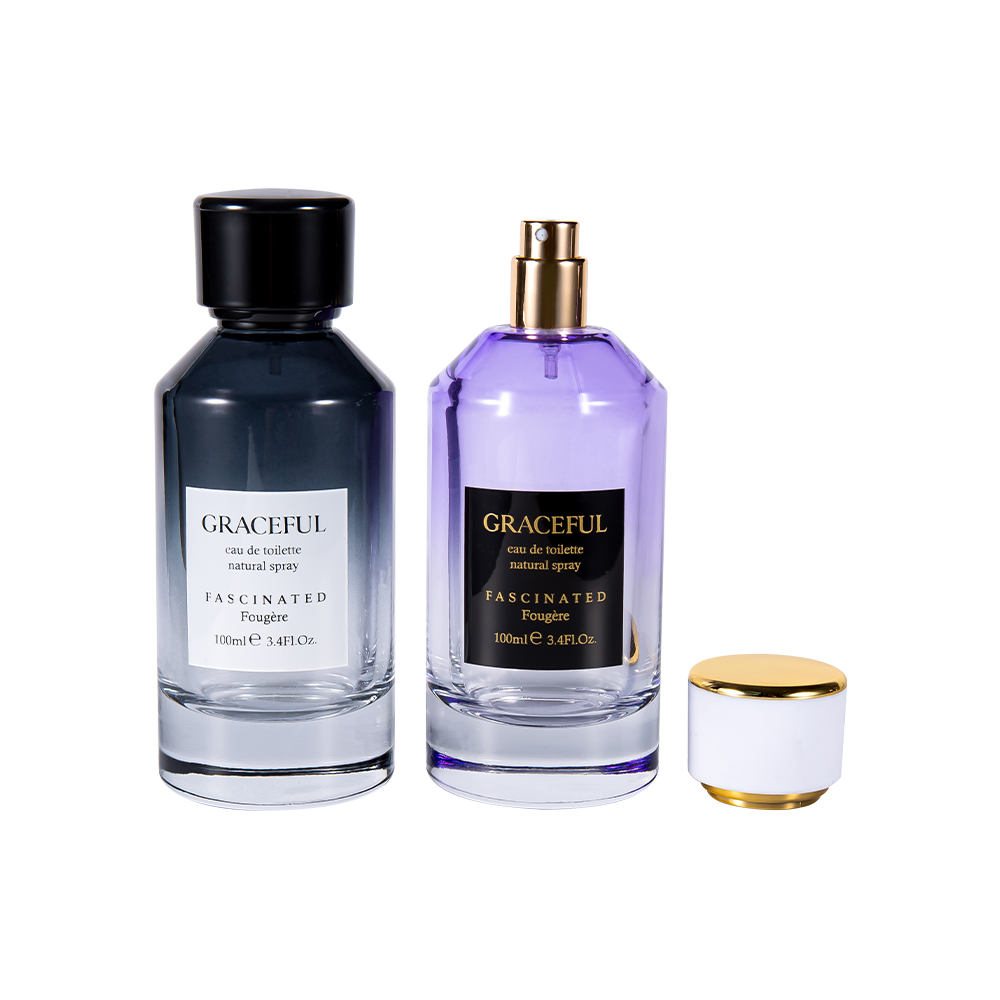 GC4418-WJ2098 100 ml färgbelagd parfymflaska i glas med läder ABS-plastlock och UV PP-foder