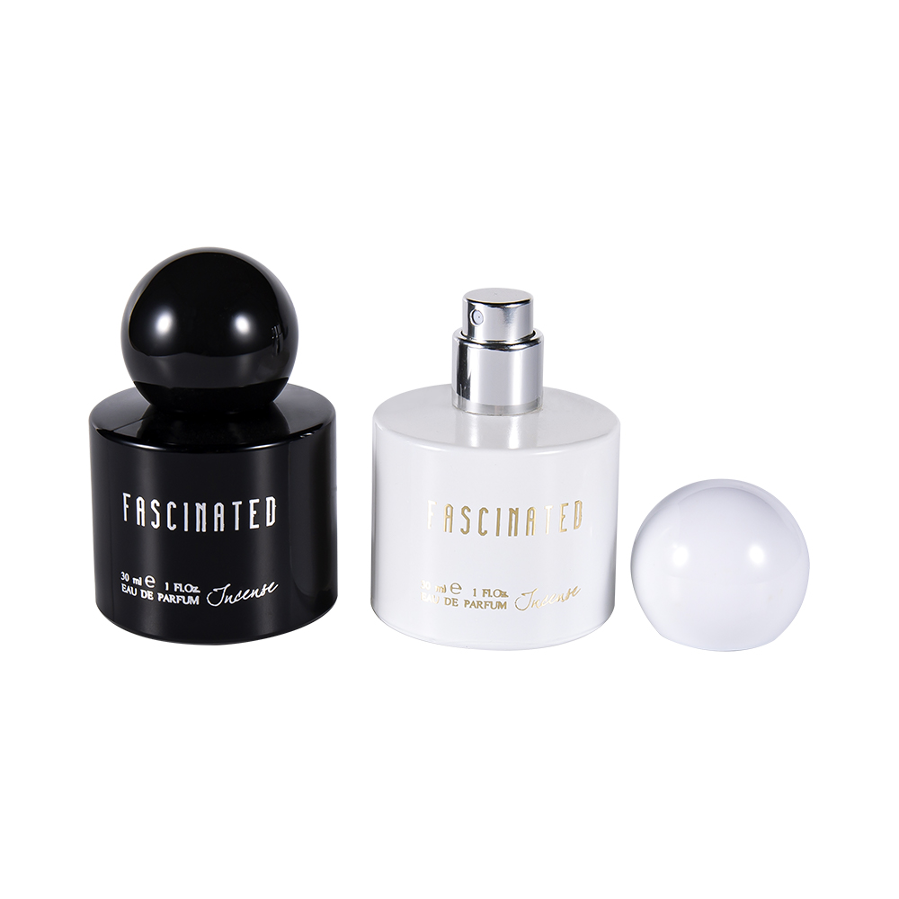 GC4748-WJ2537 30 ml cylindrisk belagd guldfolie glas parfymflaska med sfärisk ABS PP plastlock