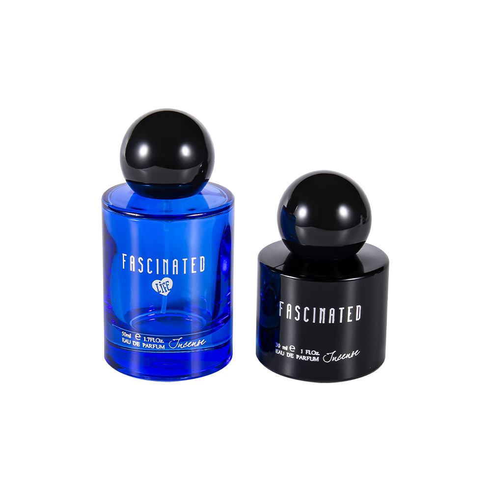 GC4748-WJ2537 30 ml cylindrisk belagd guldfolie glas parfymflaska med sfärisk ABS PP plastlock