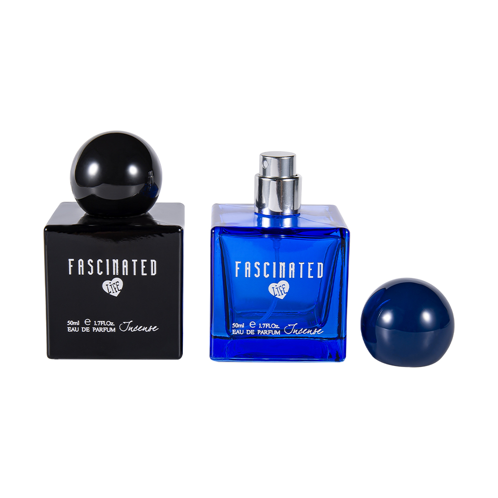 KY145-WJ2537 50 ml kubfärgtryckt parfymflaska i glas med sfärisk UV-plastlock