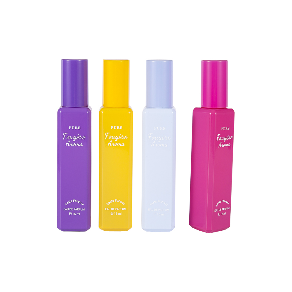 GC4222-WJ2369 15 ml belagd glasparfymflaska med liten kapacitet med färgglad PP-plastlock