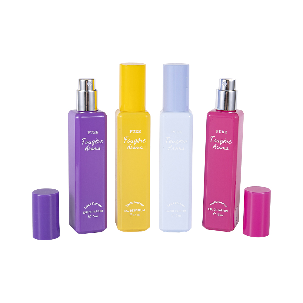 GC4222-WJ2369 15 ml belagd glasparfymflaska med liten kapacitet med färgglad PP-plastlock