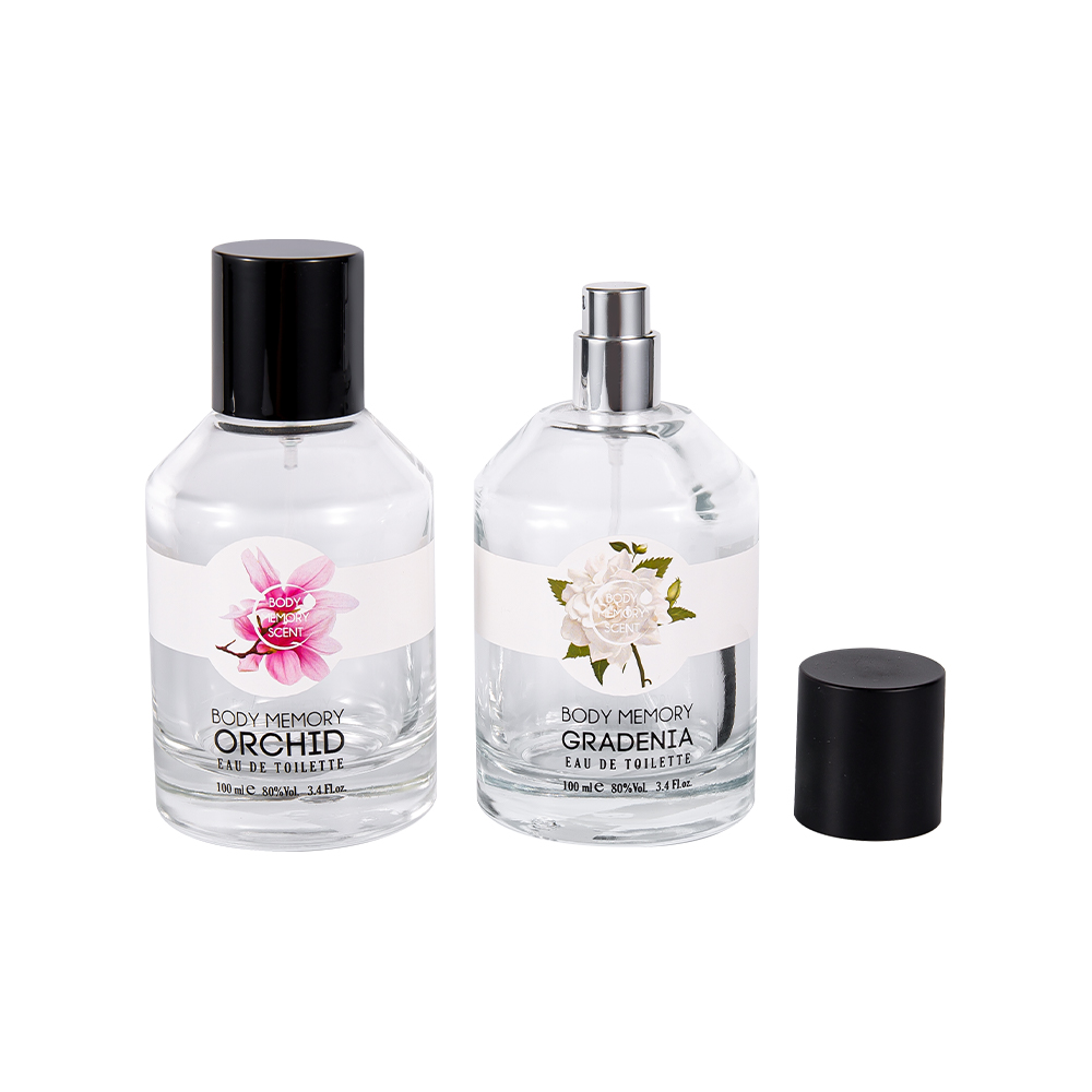 KY1603-WJ2388 100ML tryckt klistermärke Parfymflaska i glas med cylindrisk glänsande matt svart PP-lock