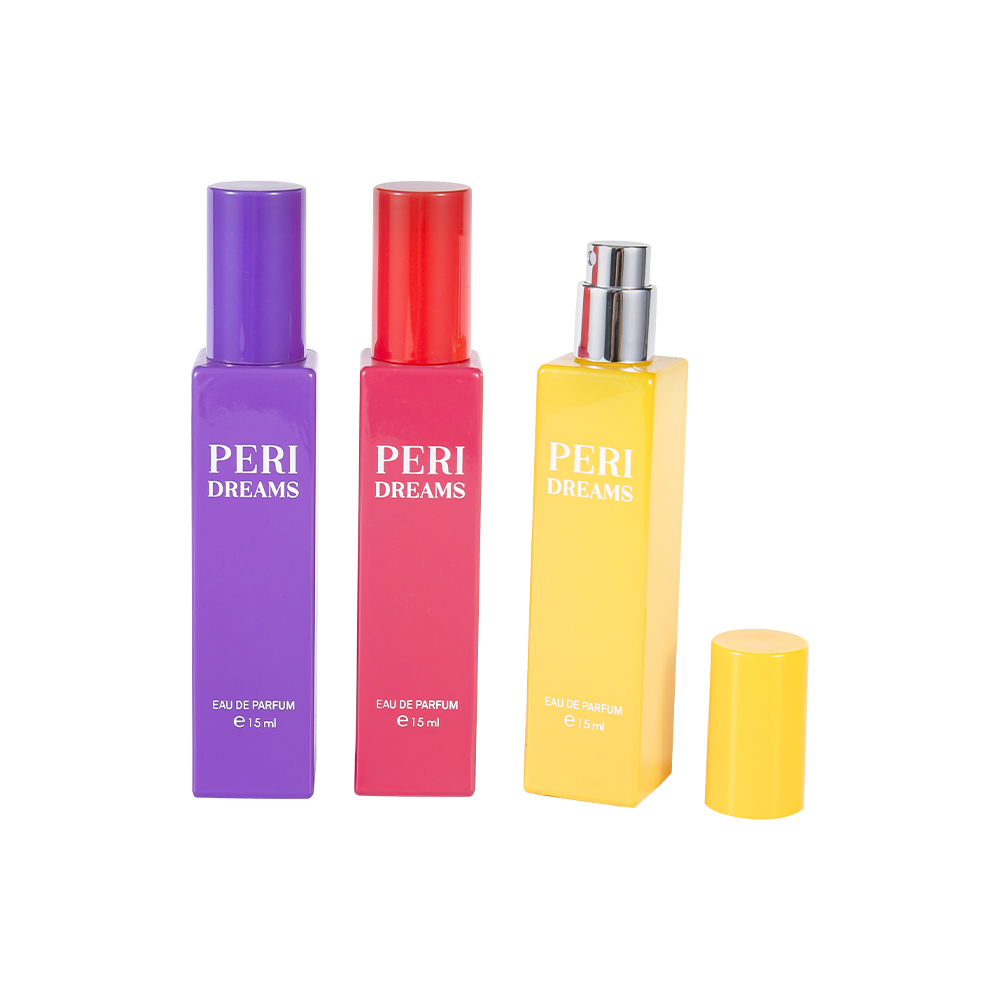 GC4421-WJ2369B 15ML Mini Kapacitet Belagd rektangulär glas parfymflaska med cylindrisk PP lock